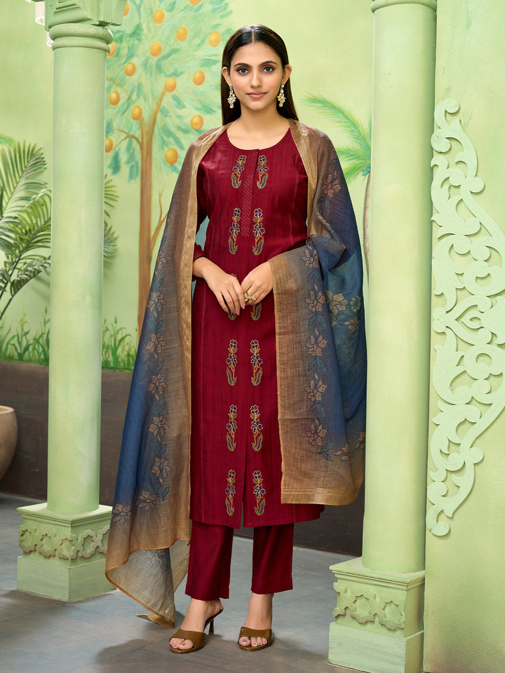 Maroon Embroidered Suit Set with Dupatta