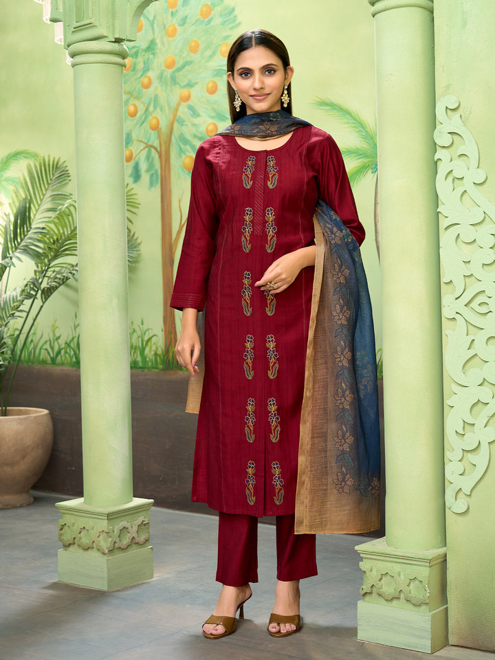 Maroon Embroidered Suit Set with Dupatta