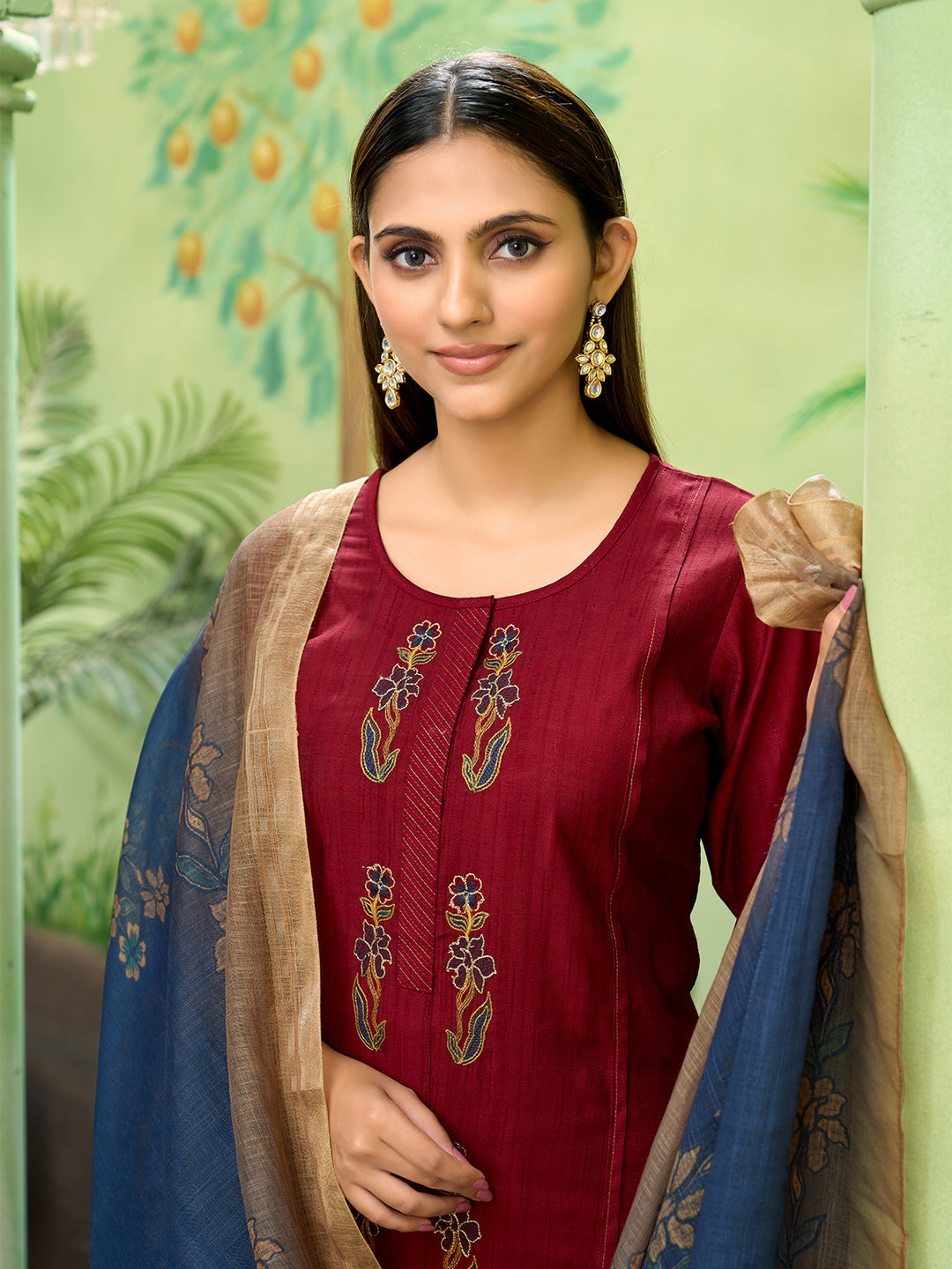 Maroon Embroidered Suit Set with Dupatta