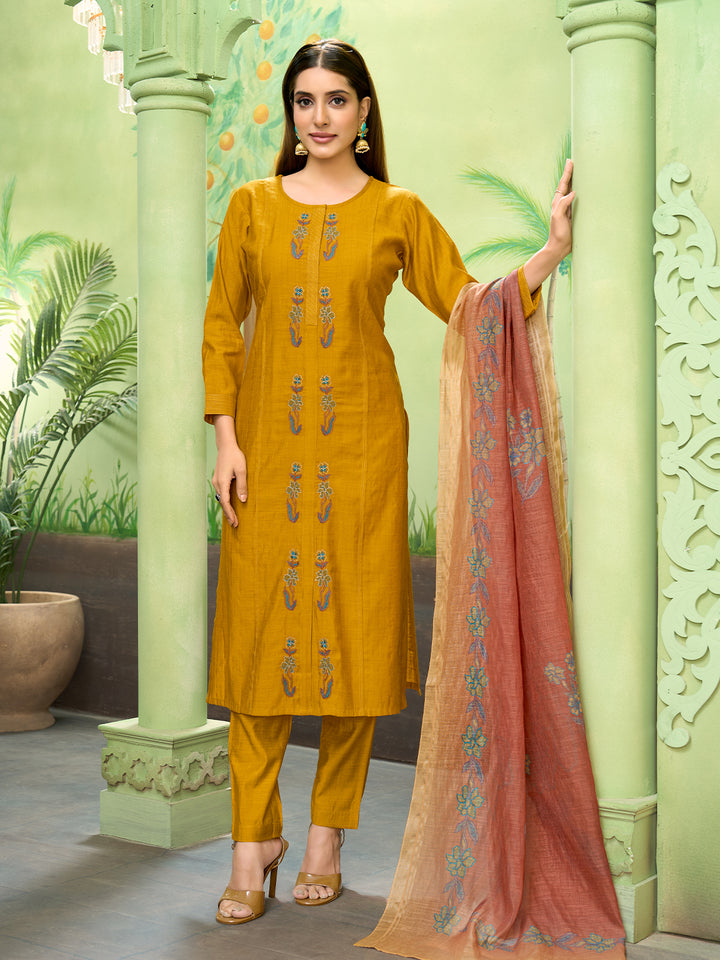 Mustard Embroidered Suit Set with Dupatta