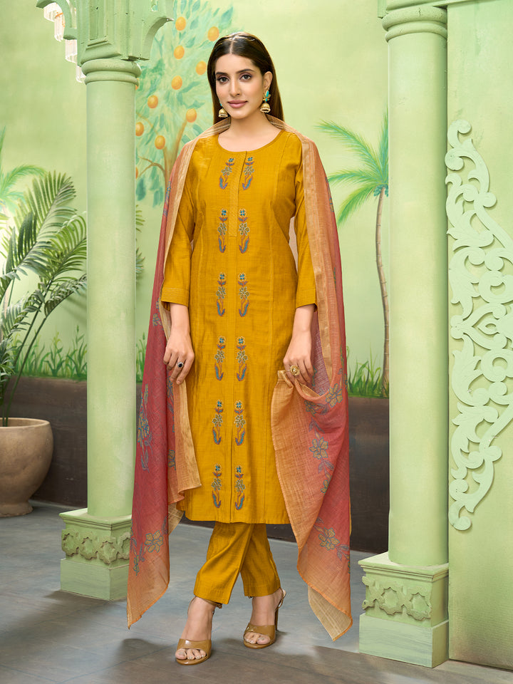Mustard Embroidered Suit Set with Dupatta