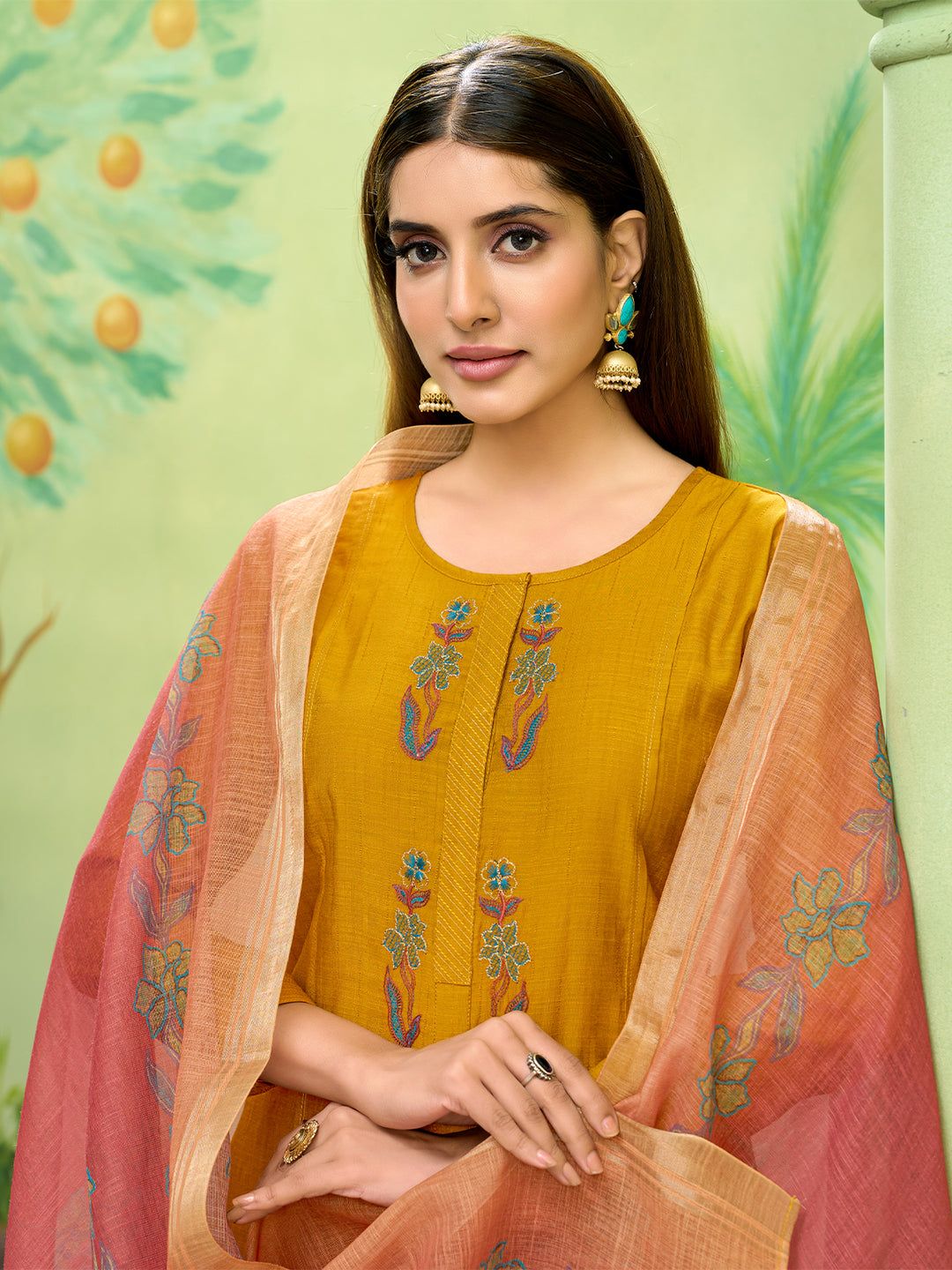 Mustard Embroidered Suit Set with Dupatta
