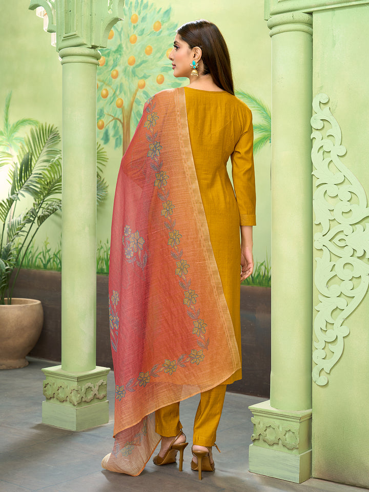 Mustard Embroidered Suit Set with Dupatta