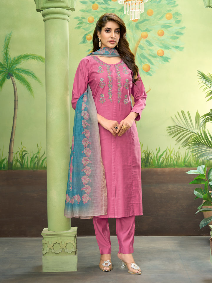 Rose Pink Embroidered Suit Set with Dupatta