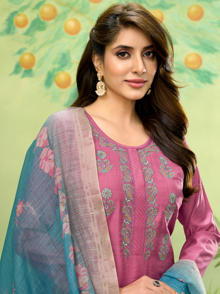 Rose Pink Embroidered Suit Set with Dupatta