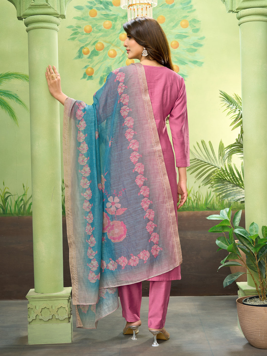 Rose Pink Embroidered Suit Set with Dupatta