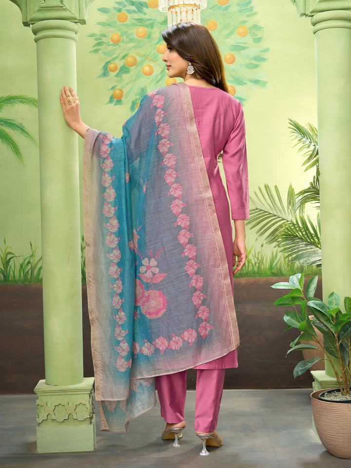 Rose Pink Embroidered Suit Set with Dupatta