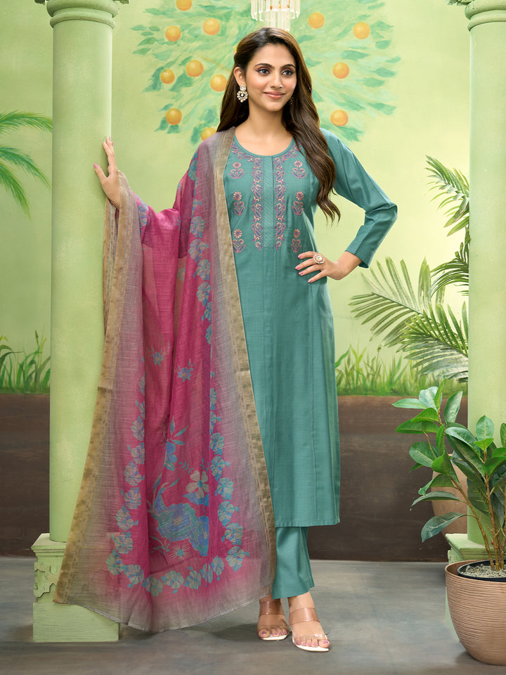 Rama Embroidered Suit Set with Dupatta