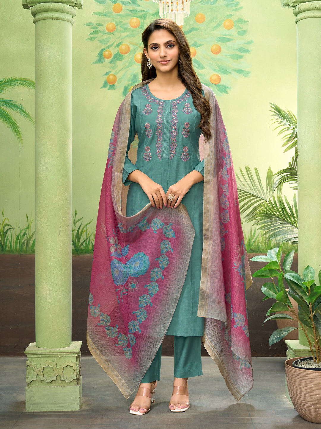Rama Embroidered Suit Set with Dupatta