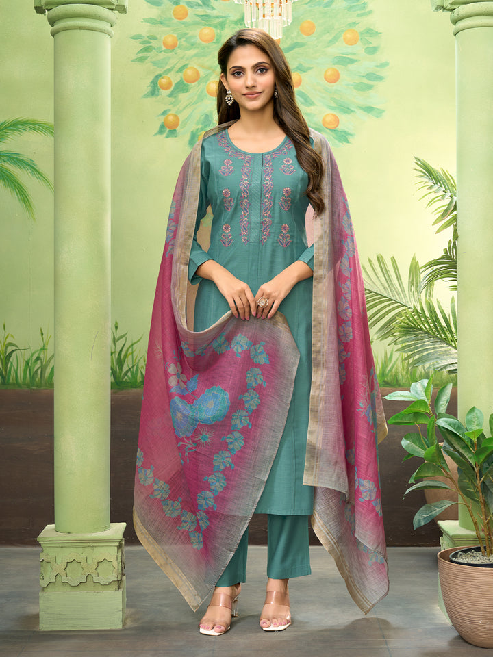 Rama Embroidered Suit Set with Dupatta
