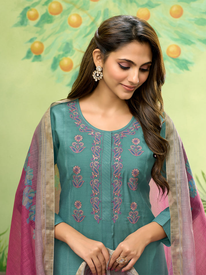 Rama Embroidered Suit Set with Dupatta