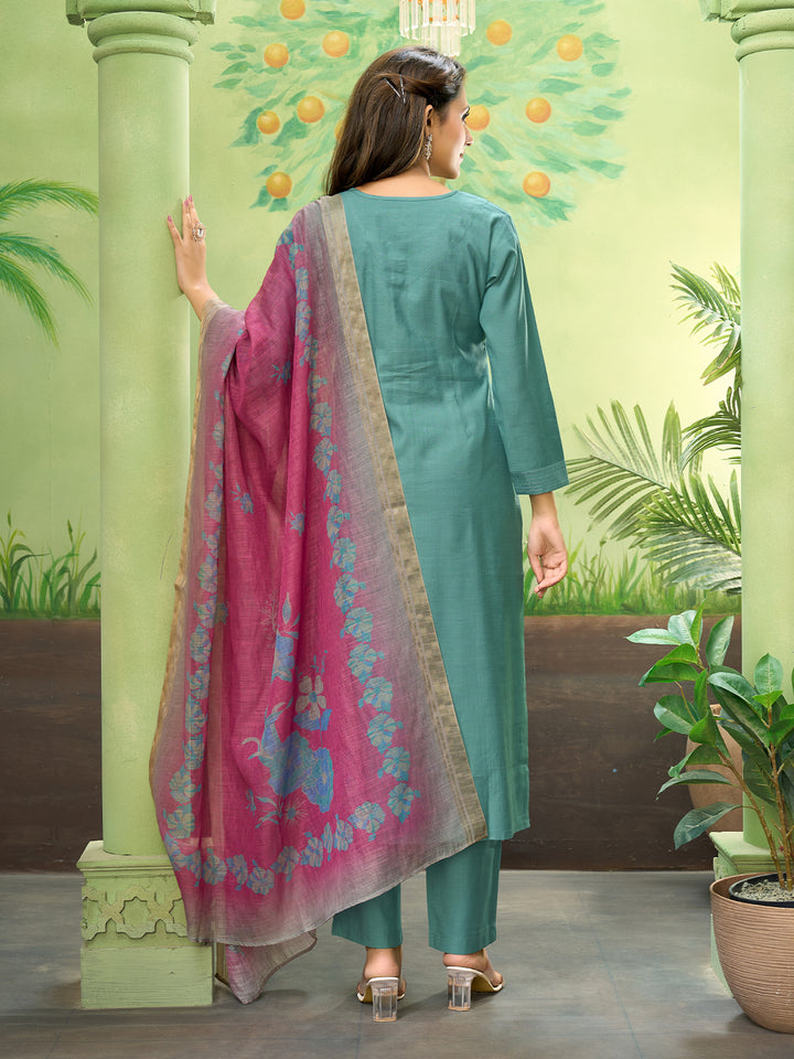 Rama Embroidered Suit Set with Dupatta