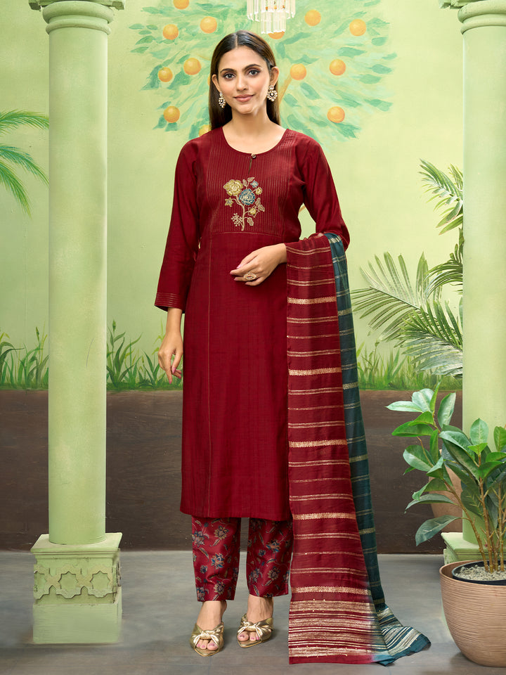 Maroon Embroidered Suit Set with Dupatta