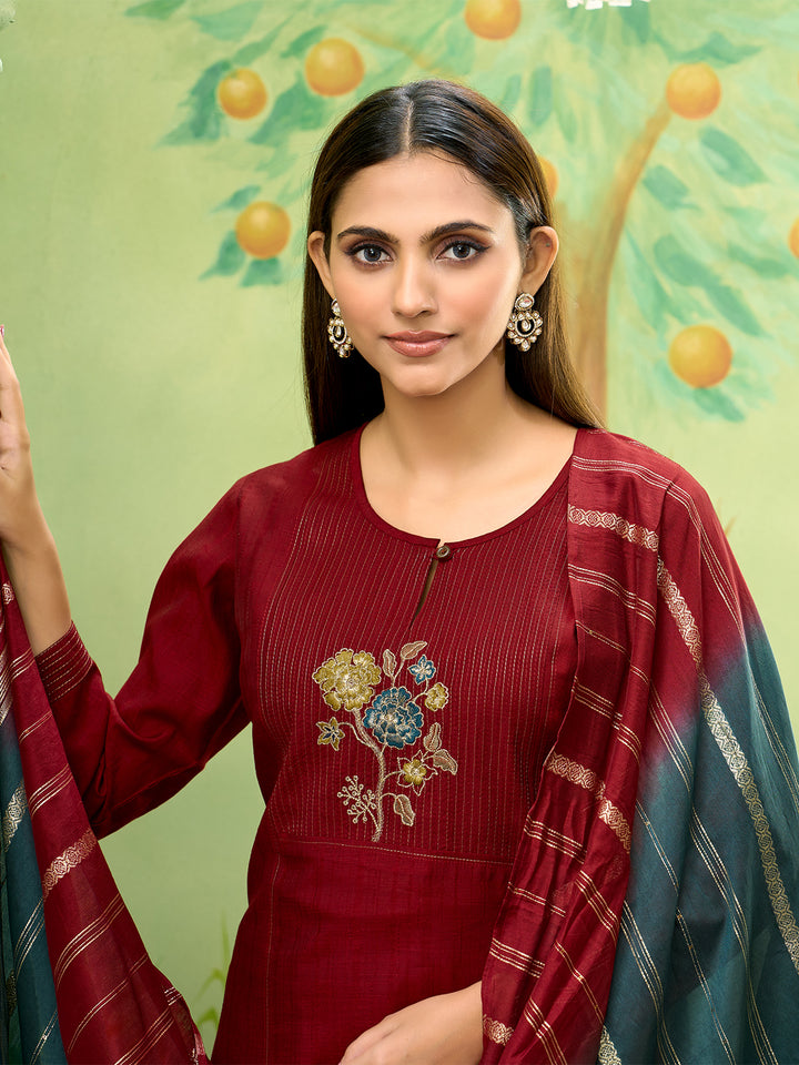 Maroon Embroidered Suit Set with Dupatta