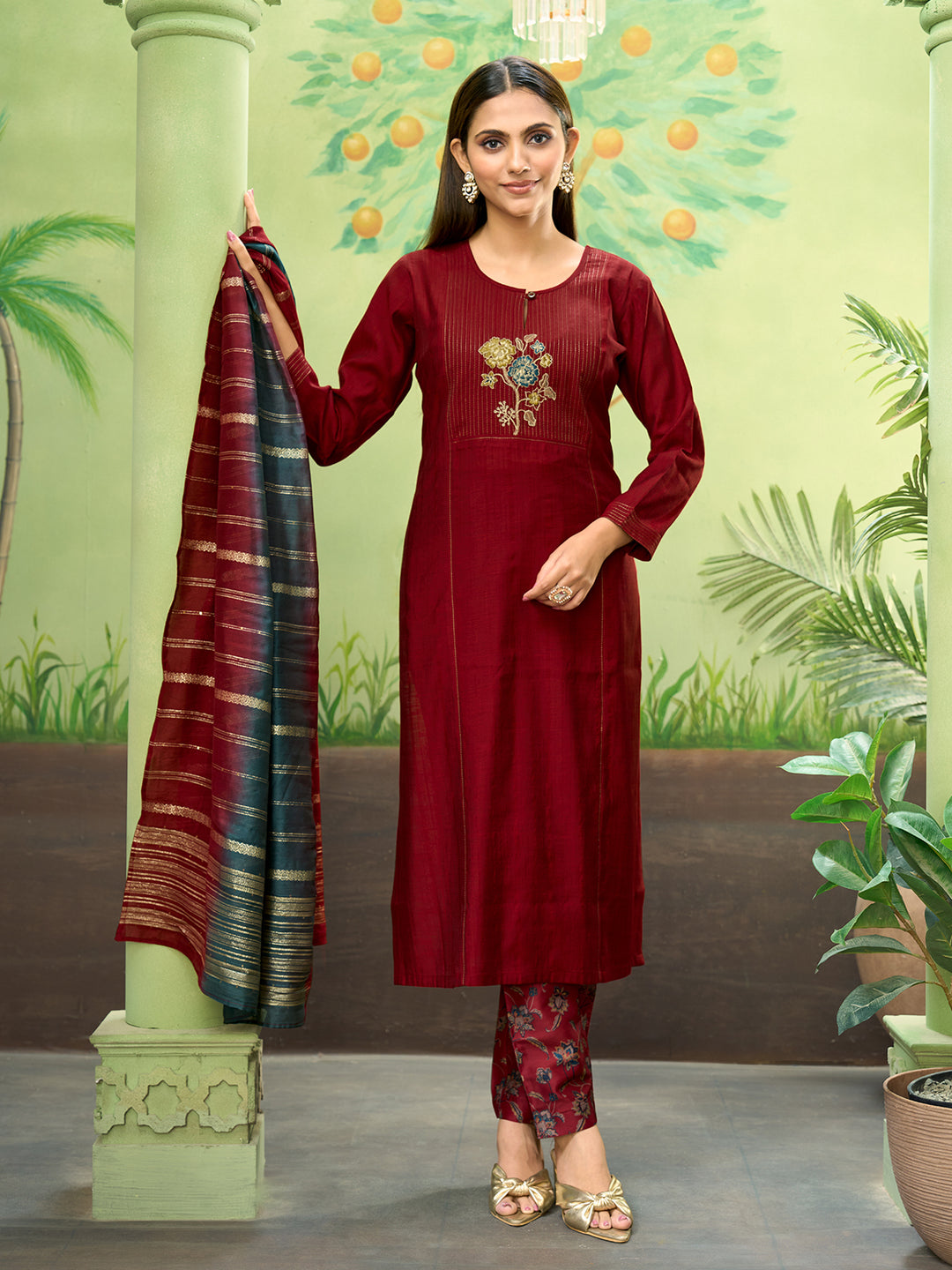 Maroon Embroidered Suit Set with Dupatta