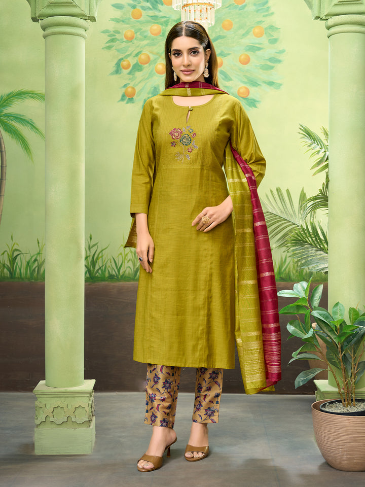 Olive Green Embroidered Suit Set with Dupatta