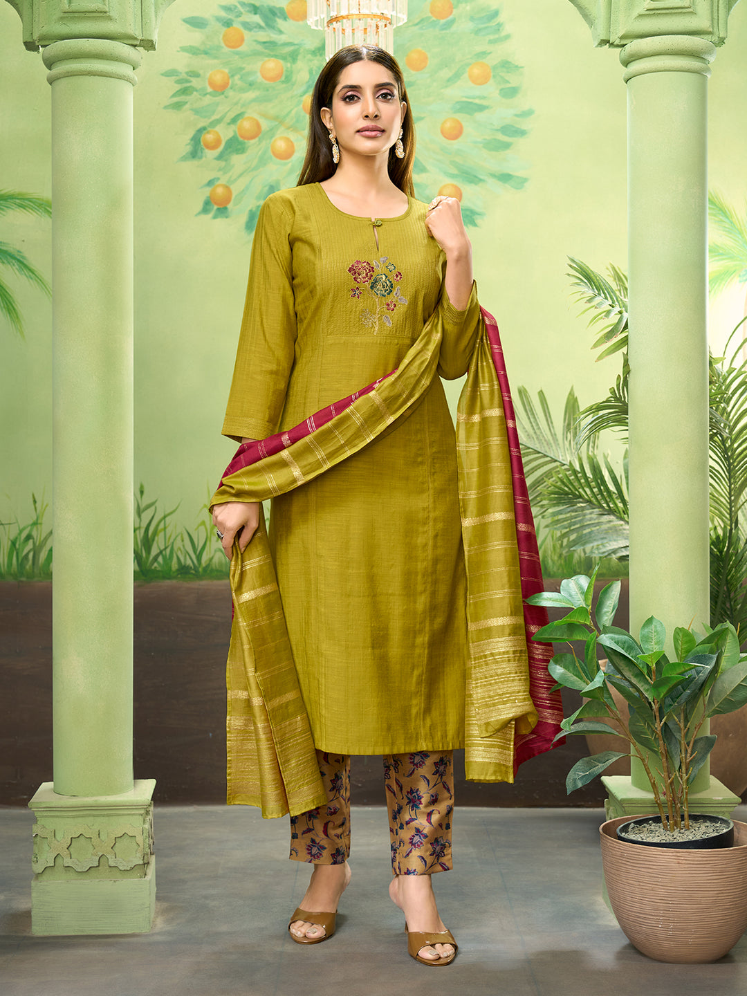 Olive Green Embroidered Suit Set with Dupatta