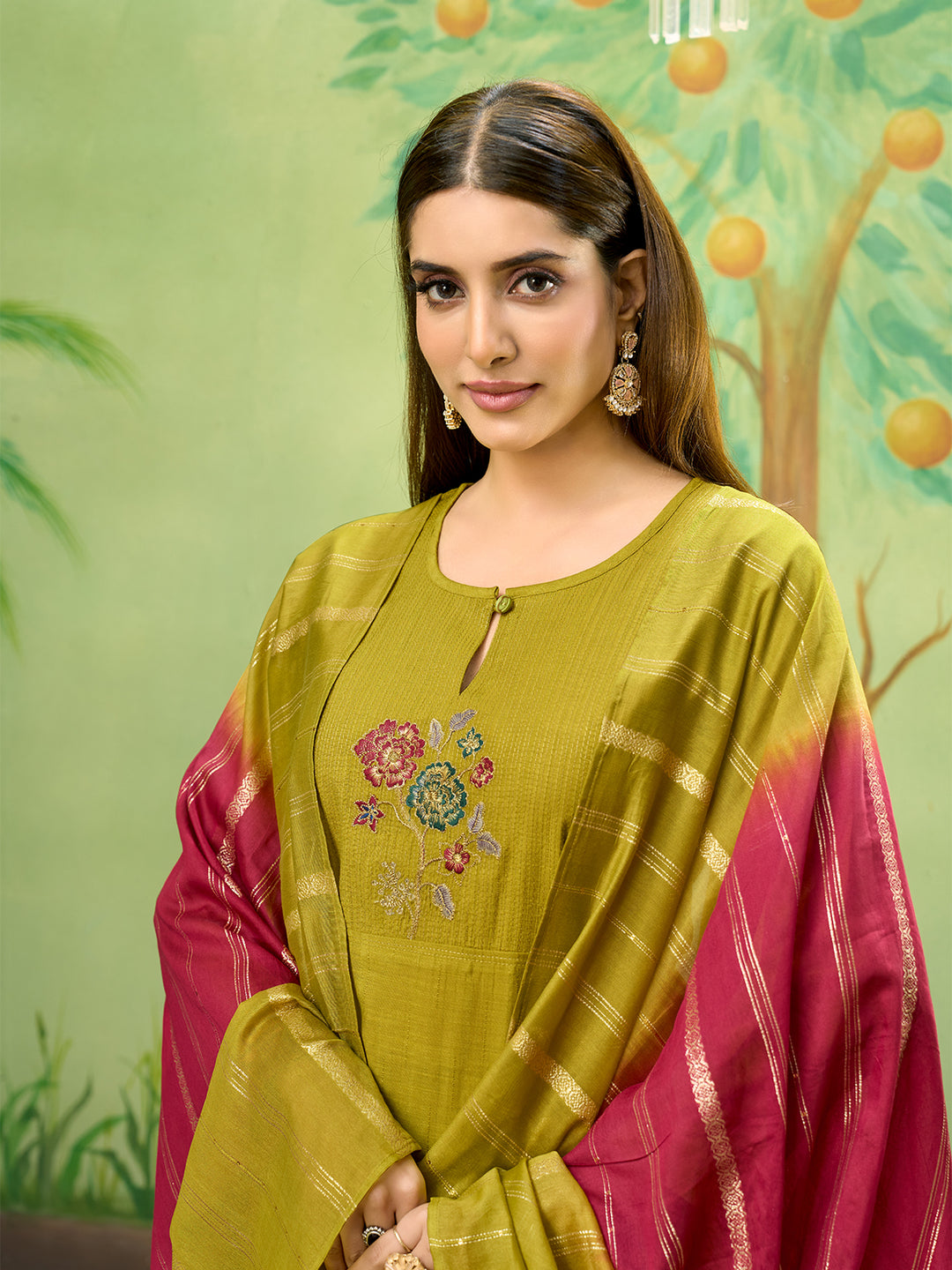 Olive Green Embroidered Suit Set with Dupatta