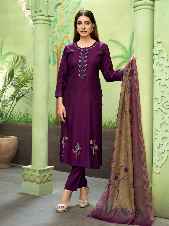 Plum Embroidered Suit Set with Dupatta