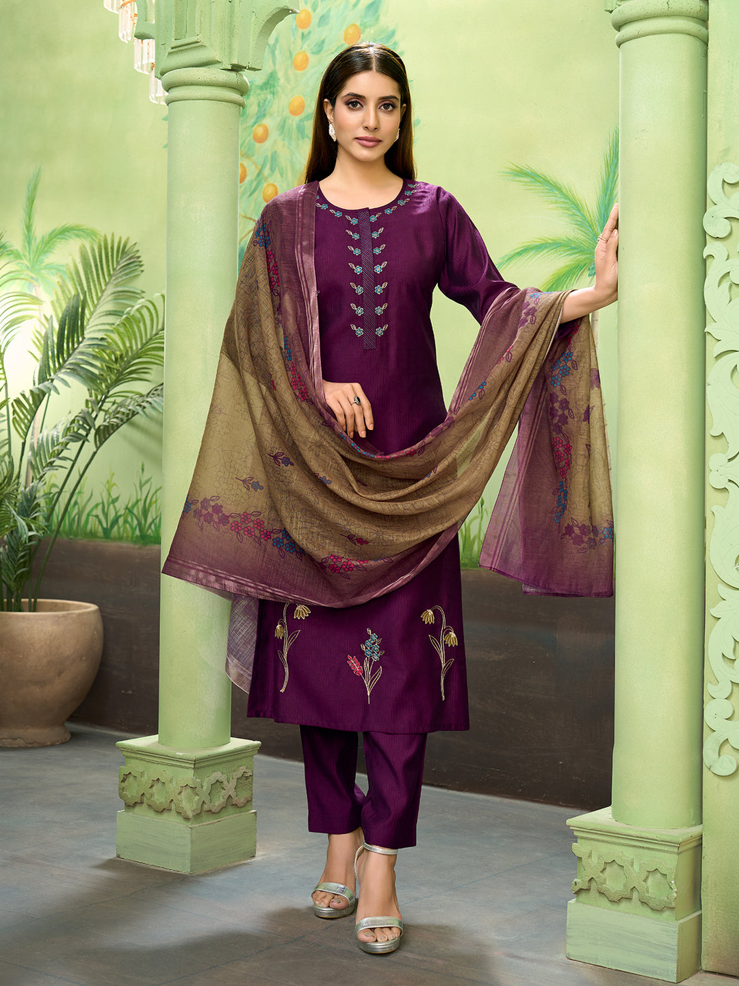 Plum Embroidered Suit Set with Dupatta