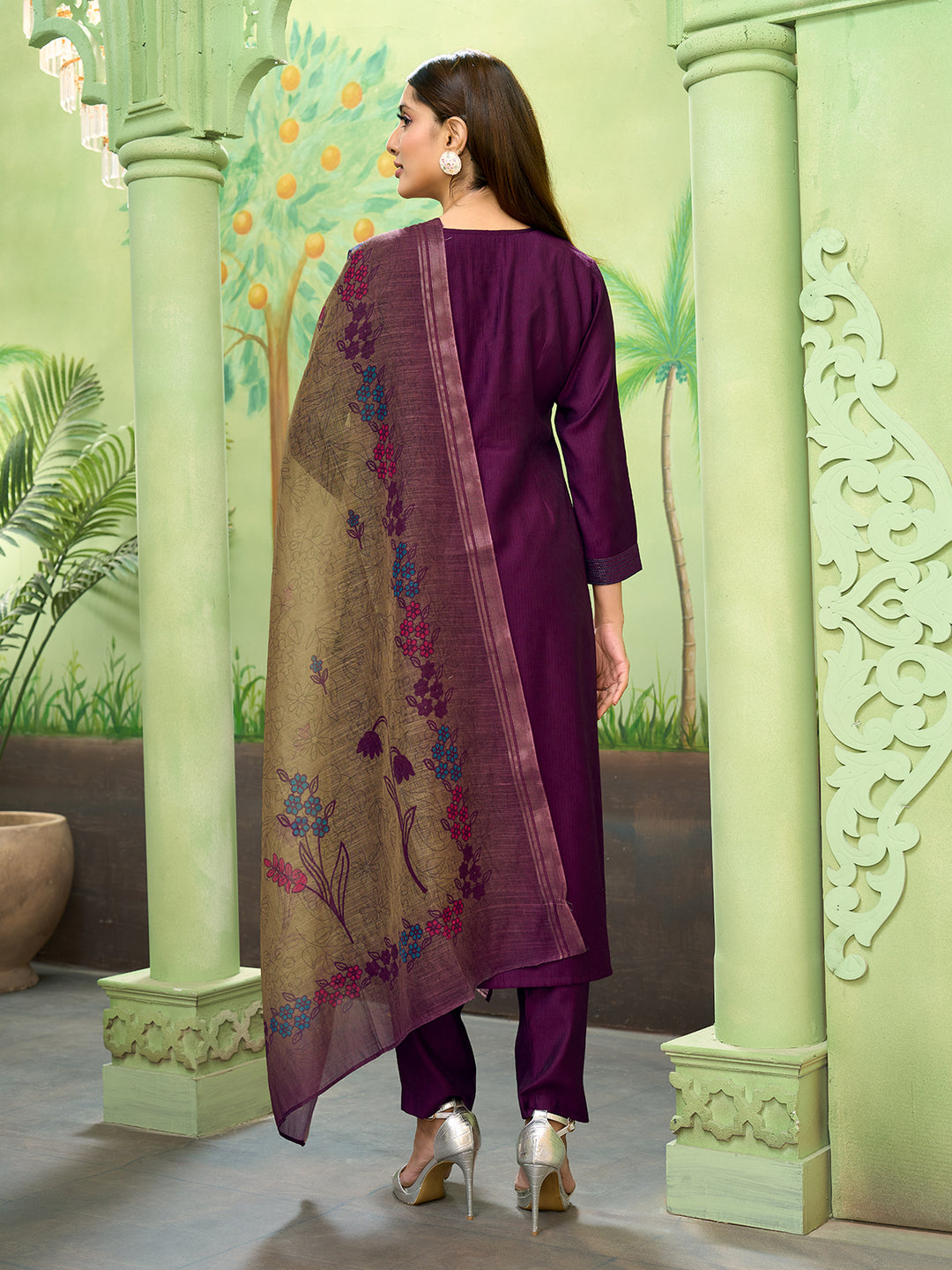 Plum Embroidered Suit Set with Dupatta