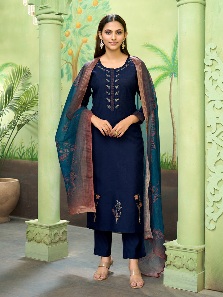 Navy Blue Embroidered Suit Set with Dupatta
