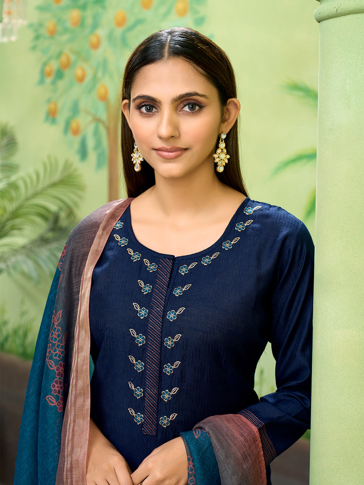Navy Blue Embroidered Suit Set with Dupatta