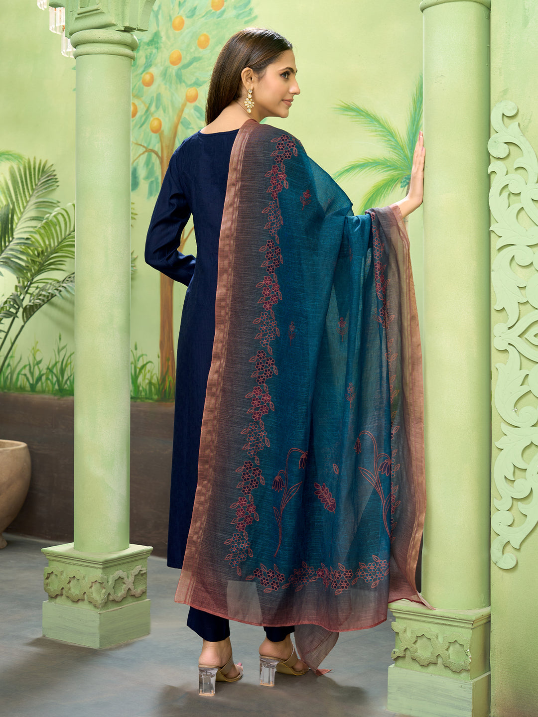 Navy Blue Embroidered Suit Set with Dupatta