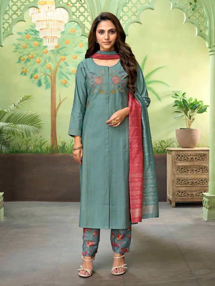 Blue Embroidered Suit Set with Dupatta