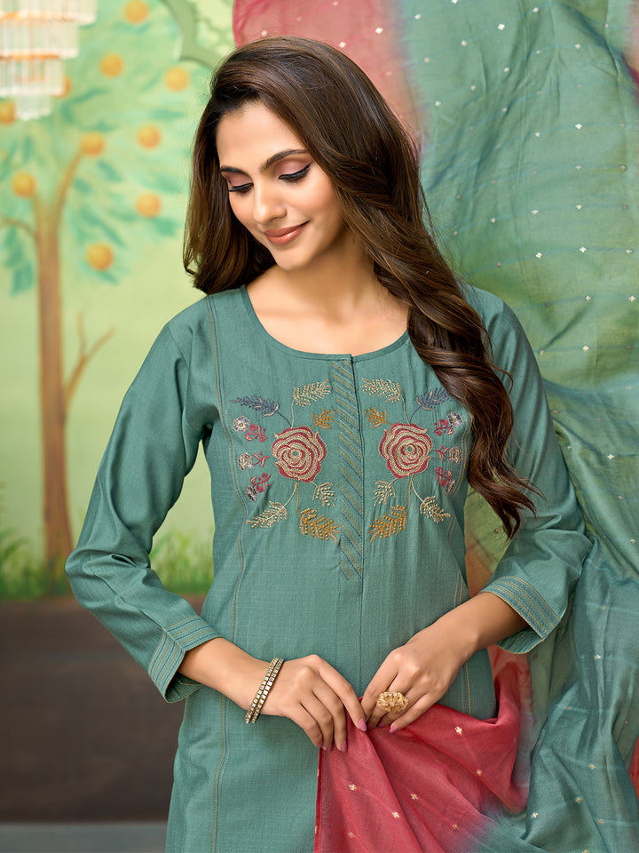 Blue Embroidered Suit Set with Dupatta