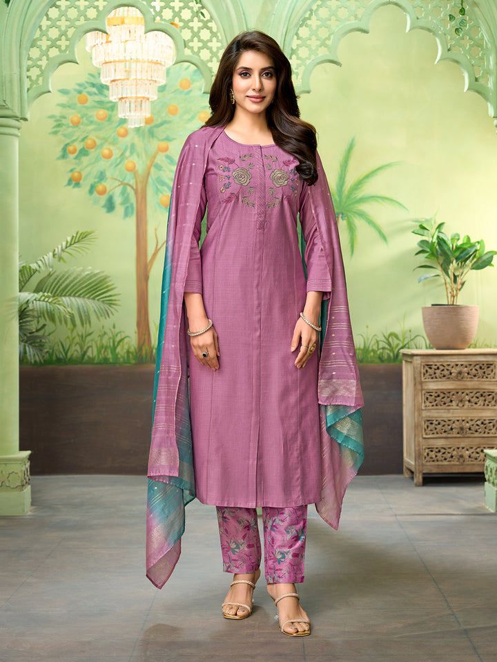 Mauve Embroidered Suit Set with Dupatta