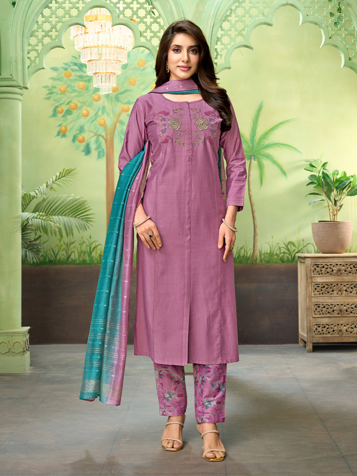 Mauve Embroidered Suit Set with Dupatta