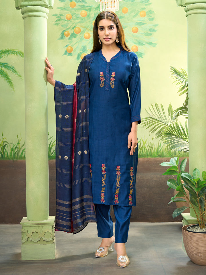Sapphire Blue Embroidered Suit Set with Dupatta