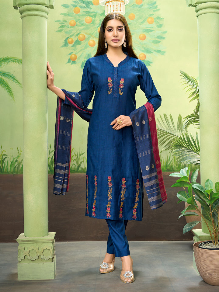 Sapphire Blue Embroidered Suit Set with Dupatta