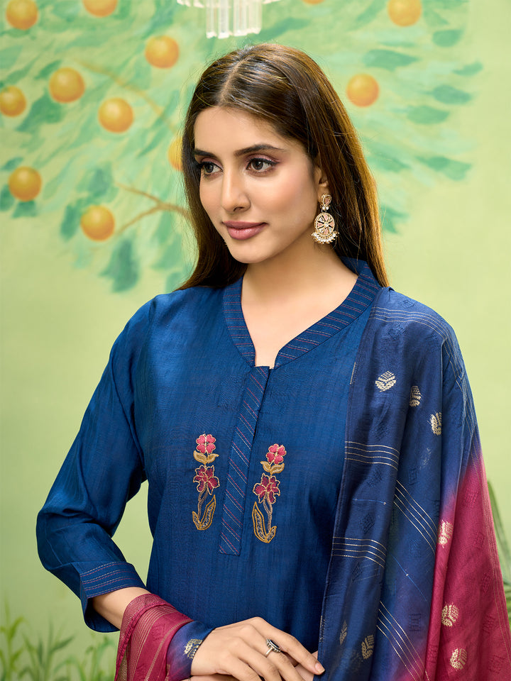 Sapphire Blue Embroidered Suit Set with Dupatta