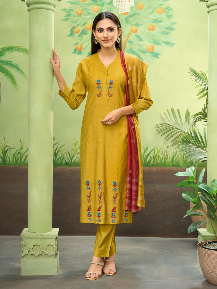 Mustard Embroidered Suit Set with Dupatta