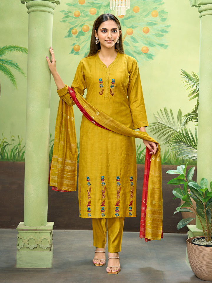 Mustard Embroidered Suit Set with Dupatta