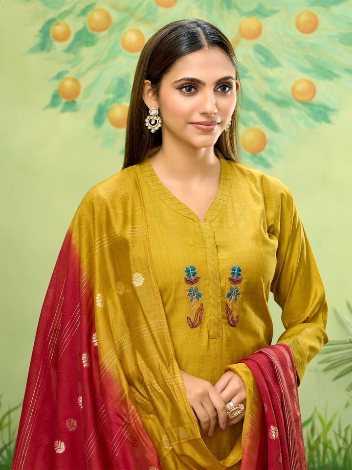 Mustard Embroidered Suit Set with Dupatta