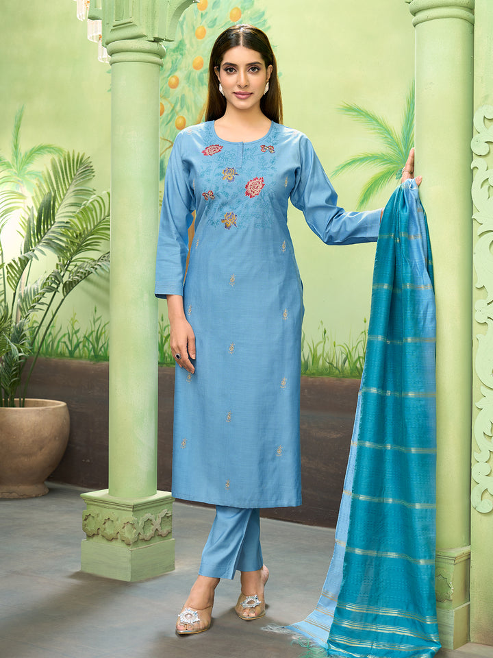 Sky Blue Embroidered Suit Set with Dupatta