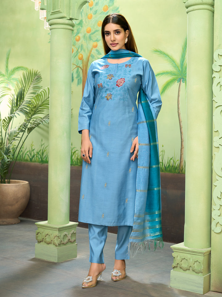 Sky Blue Embroidered Suit Set with Dupatta
