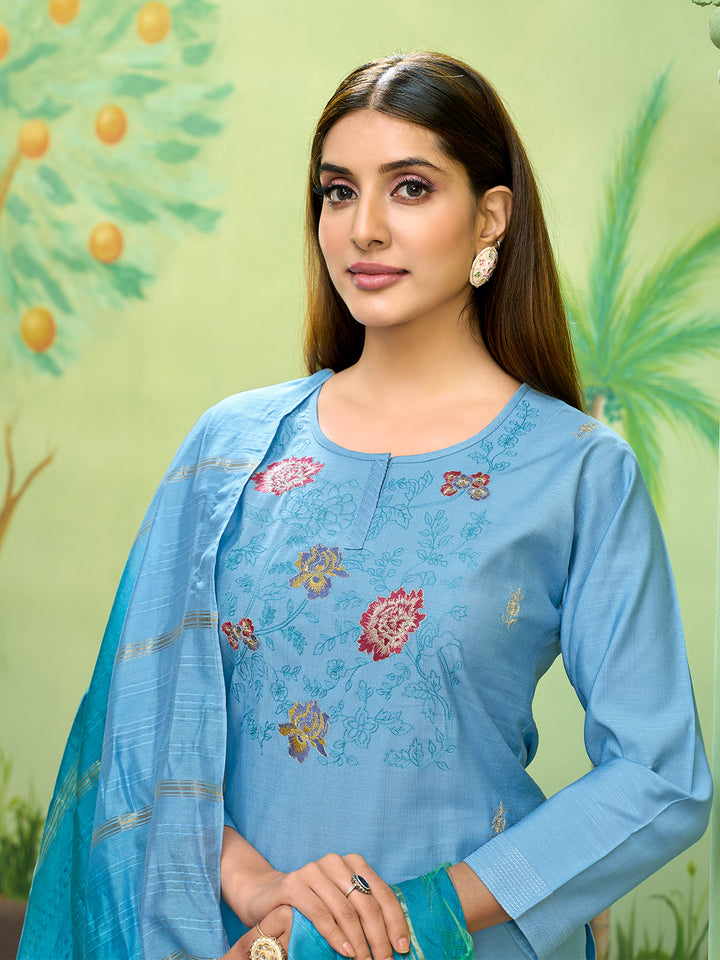 Sky Blue Embroidered Suit Set with Dupatta