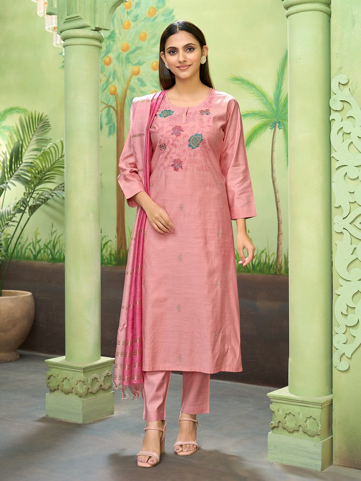 Peach Embroidered Suit Set with Dupatta