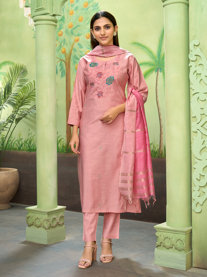 Peach Embroidered Suit Set with Dupatta