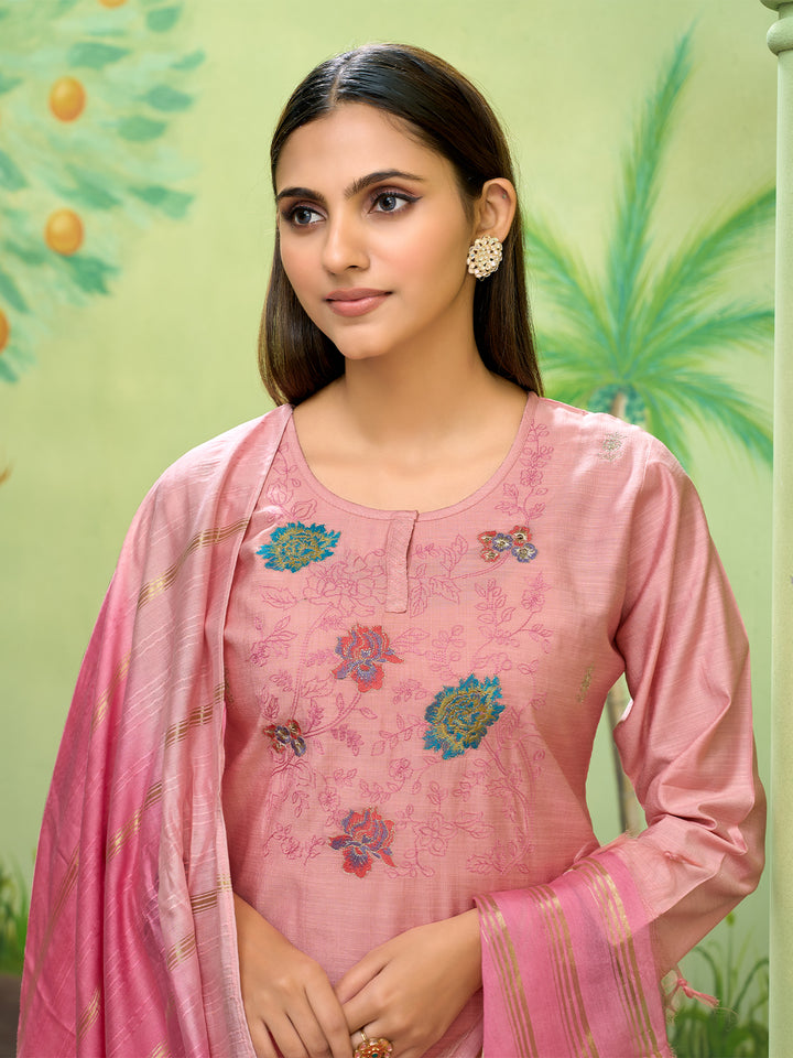 Peach Embroidered Suit Set with Dupatta