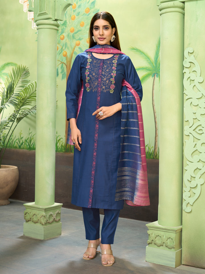 Midnight Blue Embroidered Suit Set with Dupatta