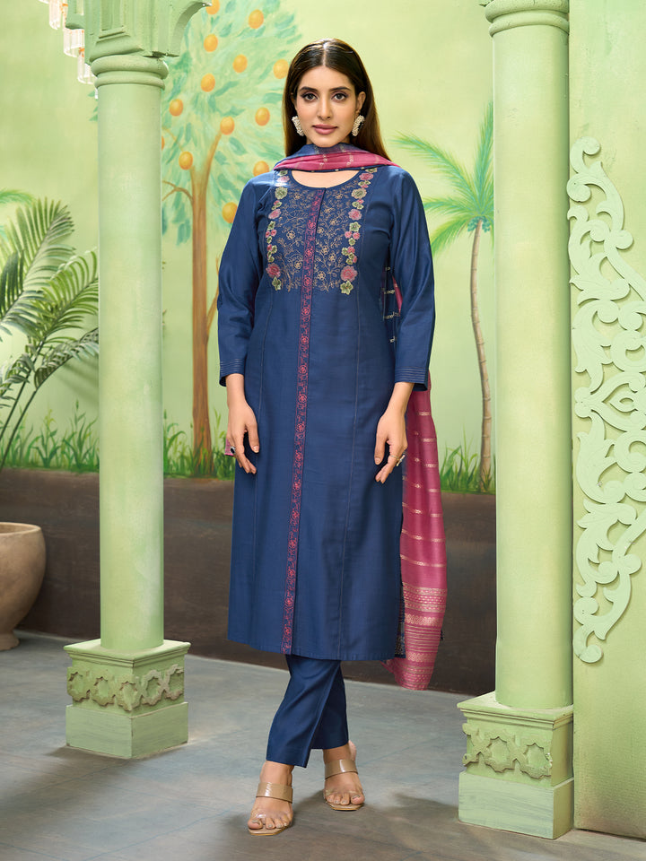 Midnight Blue Embroidered Suit Set with Dupatta