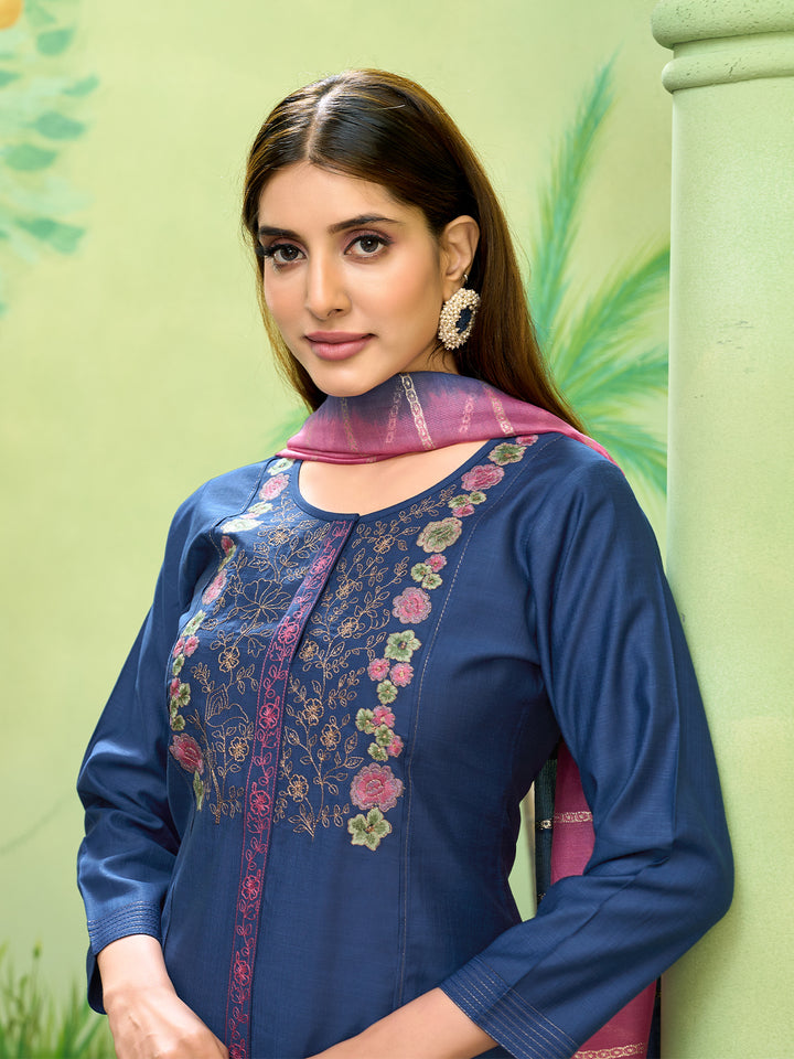 Midnight Blue Embroidered Suit Set with Dupatta