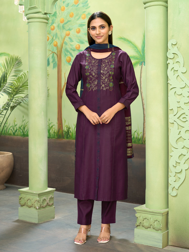 Wine Embroidered Suit Set with Dupatta