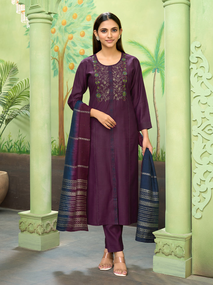Wine Embroidered Suit Set with Dupatta