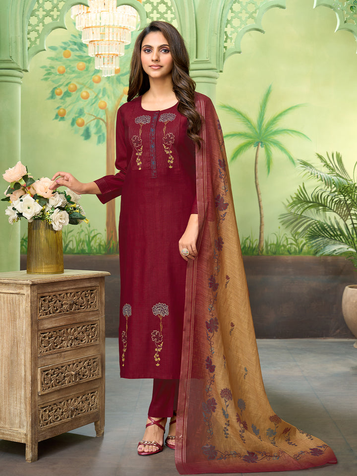 Maroon Embroidered Suit Set with Dupatta